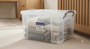 Clear stackable boxes for easy identification and storage of footwear.