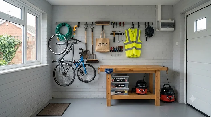 Heavy-duty utility hooks for garage storage mounted on a brick wall, organising tools and bikes in a British home. utility hooks for garage