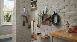 Assorted utility hooks organising various hand tools on a wall panel.