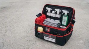 Complete car cleaning kit neatly packed in a storage bag, offering great value for money under £50.