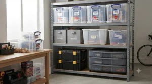 A focused detail shot on the garage shelving unit comparing a ventilated black crate directly alongside a solid, translucent heavy-duty storage tote.
