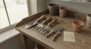 Vertical space-saving garden tool hanger designed for small urban shed storage.