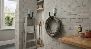 Heavy-duty double storage hook supporting a wooden ladder.