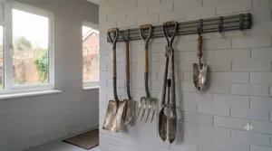 Wall-mounted metal utility hooks for garage organisation holding garden spades and forks.