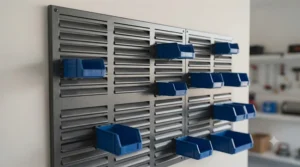 Modular metal louvre panel fixed to a wall for flexible parts storage.