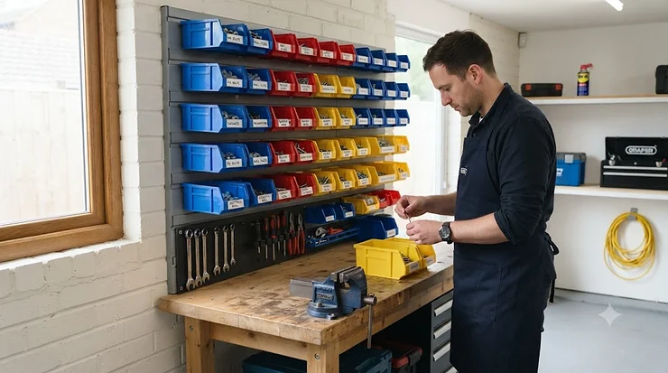 Blue plastic parts bins attached to a wall-mounted louvre panel in a workshop. wall mounted parts bins