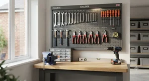 Close-up of a wall-mounted tool organiser holding a selection of spanners and pliers, showcasing the secure storage solution.