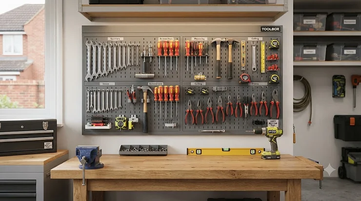 A comprehensive wall tool organiser system installed in a workshop, featuring a variety of neatly hung hand tools on a durable metal pegboard. wall tool organiser
