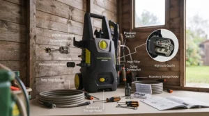 Various interchangeable nozzles, trigger gun, and high-pressure hose included with a top-rated electric pressure washer under £150.
