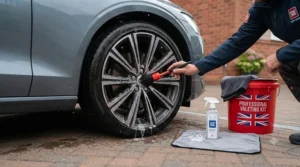 A soft-bristled brush cleaning brake dust off alloy wheels using a dedicated cleaning solution from a home valeting set.