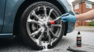 Beginner-friendly alloy wheel cleaner spray and soft-bristled brush cleaning a car tyre.