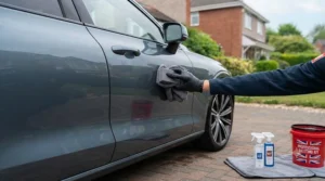 Applying a protective car wax using a foam applicator pad to achieve a deep gloss finish and protect against UK weather.