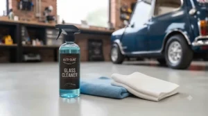 Streak-free glass cleaner spray and waffle weave cloth for crystal-clear car windows and mirrors.