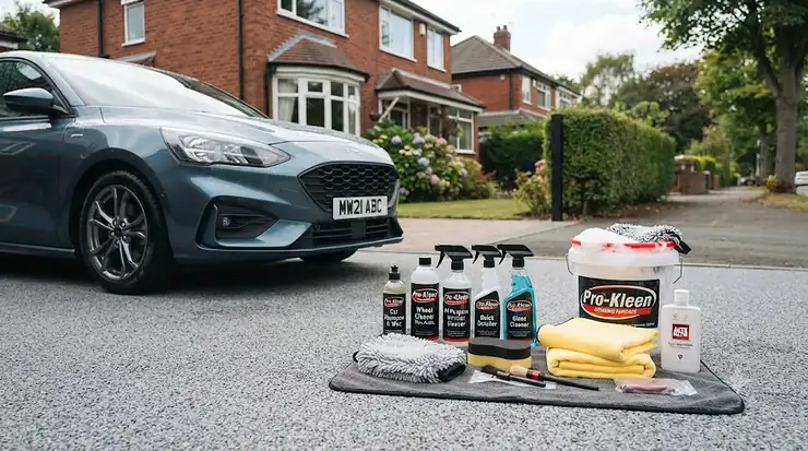 Complete car cleaning and detailing kit for beginners laid out on a driveway, featuring shampoo, microfibre cloths, and wax for UK car owners. car detailing kit for beginners