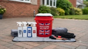 The contents of a professional home car cleaning kit unboxed, showing bottles of car shampoo, alloy wheel cleaner, and detailing brushes.