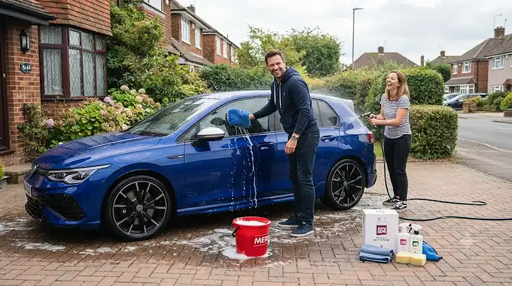 A complete car wash and wax kit for beginners displayed on a driveway in front of a clean hatchback, ideal for car cleaning in the UK. car wash and wax kit for beginners