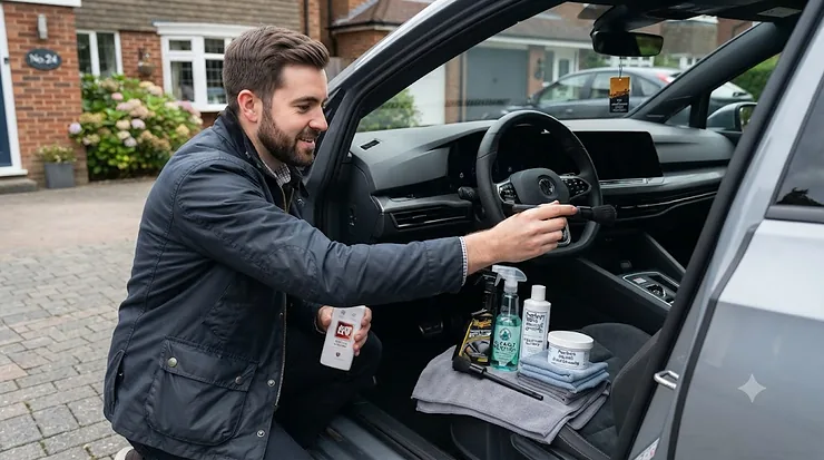 A complete interior car cleaning kit laid out on a clean surface, featuring upholstery cleaner, microfibre cloths, and dashboard wipes for UK motorists. interior car cleaning kit