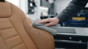 Wiping away dissolved grime from a vehicle seat using a plush, edgeless microfibre cloth.