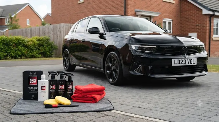Complete car cleaning kit for black cars parked on a UK driveway, featuring specialist wax and microfibre cloths for a deep gloss finish. car cleaning kit for black cars