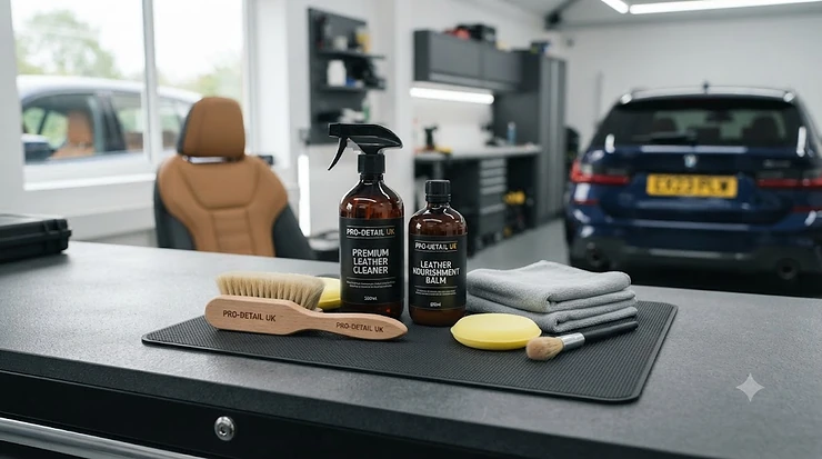 Complete car interior detailing kit for leather seats featuring cleaner, conditioner, soft brush, and microfibre cloths on a workshop table. car interior detailing kit for leather seats