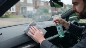 Using a soft-bristled detailing brush to clean tight gaps and air conditioning vents in a vehicle interior.