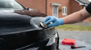 Applying specialist car wax with an applicator pad to lock in shine and protect black paintwork.