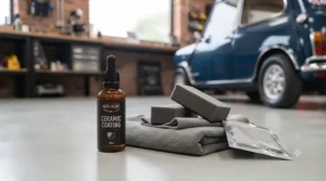 Long-lasting ceramic coating bottle and microfibre applicator pad for protecting car paint against British weather.