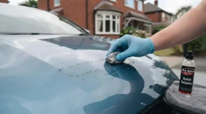 Automotive clay bar removing bonded contaminants from a car body panel.