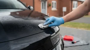 Using a detailing clay bar to remove bonded contaminants from black car paintwork prior to polishing.