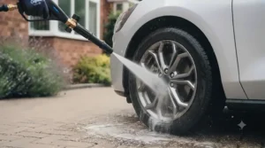 Using a low-cost pressure washer to spray away brake dust from car alloy wheels.