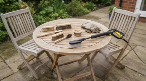 Wooden garden furniture being gently rinsed down with an adjustable lance on an electric pressure washer under £150.