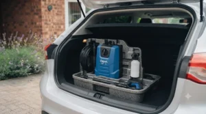 A compact and lightweight budget pressure washer stored neatly in a small car boot.