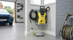 A compact, lightweight pressure washer stored neatly in a domestic garage.