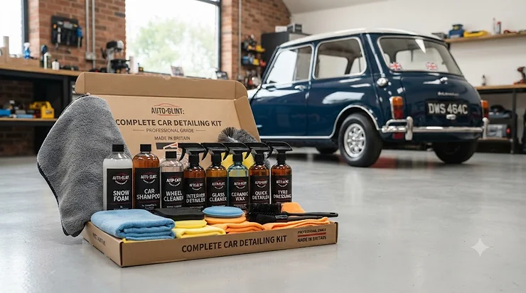 Complete car detailing kit laid out with professional cleaning products and microfibre cloths for UK car care enthusiasts. complete car detailing kit
