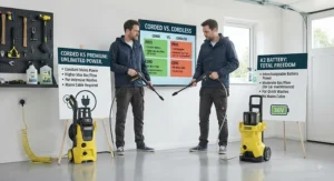 Side-by-side comparison of a cordless battery pressure washer and a mains-powered unit.