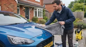 Drying a gleaming car with a microfibre towel after pressure washing.