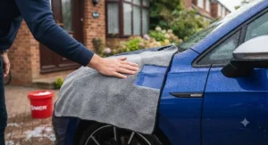 Drying a shiny car paintwork using a large, plush microfibre towel to prevent water spots and streaks.