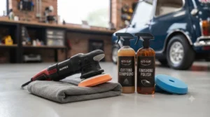 Dual-action car polisher and cutting compound used for restoring gloss and removing swirl marks.