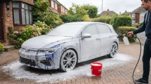A car covered in thick snow foam during the pre-wash stage on a British driveway to lift dirt safely before hand washing.