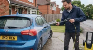 Maintaining a safe distance with the pressure washer nozzle while rinsing a car.