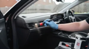 Using soft detailing brushes and interior cleaner on the dashboard of a right-hand-drive car.