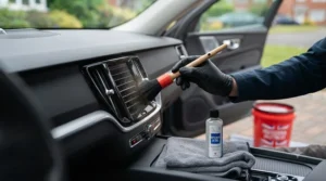 Detailing a car interior, cleaning the dashboard and air vents with a soft brush and interior cleaner.