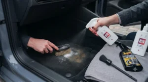 Applying leather conditioner and cleaner to a car steering wheel with a soft applicator pad.