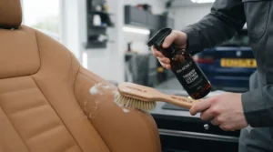 Applying specialised leather seat cleaner to a car seat bolster with a soft detailing brush.