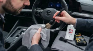 Folded premium microfibre cloths used alongside a car interior cleaning kit for streak-free glass and trim wiping.