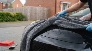 Drying a black saloon car with a soft microfibre towel to avoid water spots and streaks.