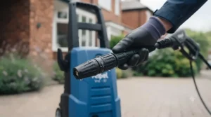 Close-up of changing the spray nozzle settings on an economical car pressure washer for safe paintwork.
