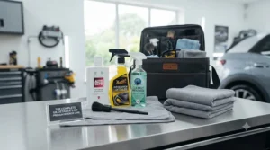 All components of an interior car cleaning kit neatly packed inside a branded storage bag ready for boot storage.