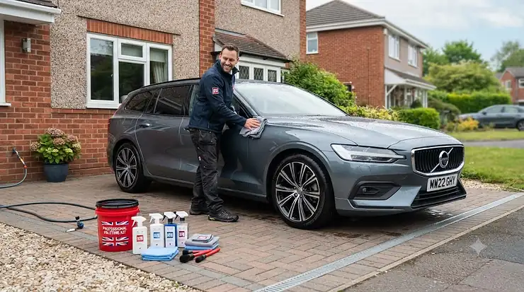 A professional car valeting kit laid out on a driveway, featuring shampoo, microfibre cloths, and a pressure washer hose for home use in the UK. professional valeting kit for home use