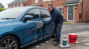 A motorist washing their car on a British driveway, demonstrating the time-saving benefits of using an all-in-one wash and wax product.